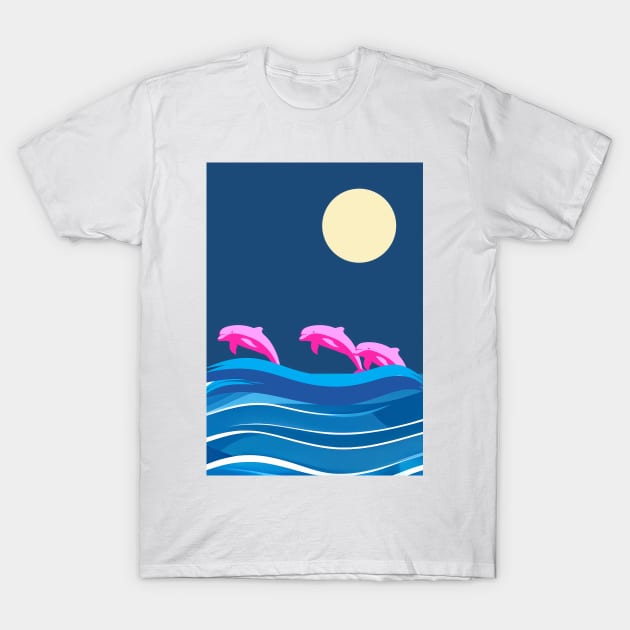 Dolphin jumping in the waves by night T-Shirt by punderful_day